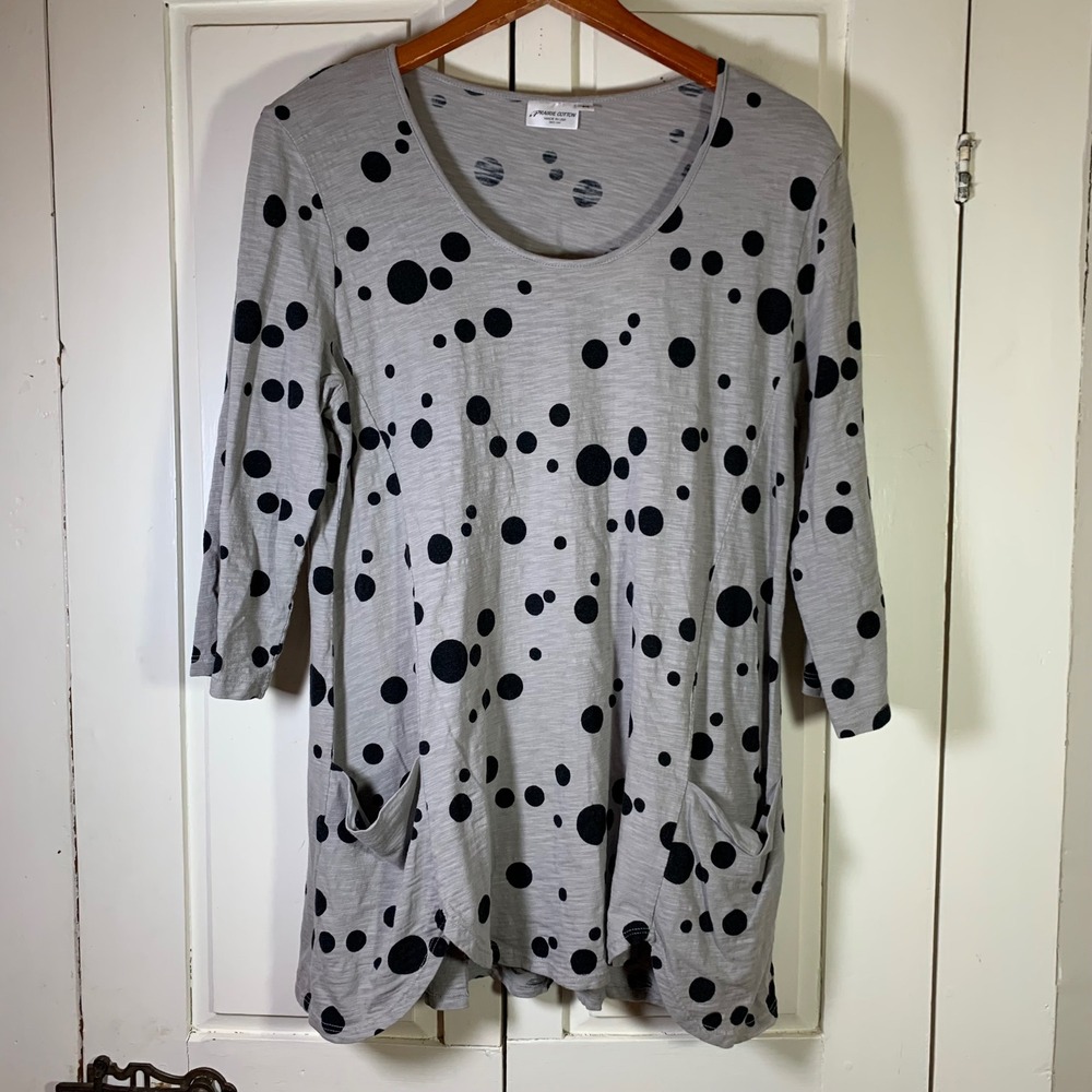 Prairie Cotton Grey Polka Dot Tunic Top 3/4 Sleeve Pocket‎ Art to Wear Medium